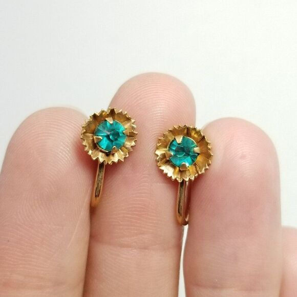 Vintage Gold Filled Blue Green Rhinestone B+N Signed Clip On Screw Back Earrings - Picture 6 of 7